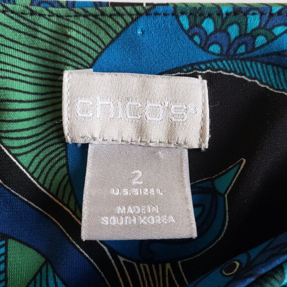 Chicos Colorful Blue Peacock Square Boat Neck Popover Blouse Chicos 2 US Size L - Picture 3 of 7